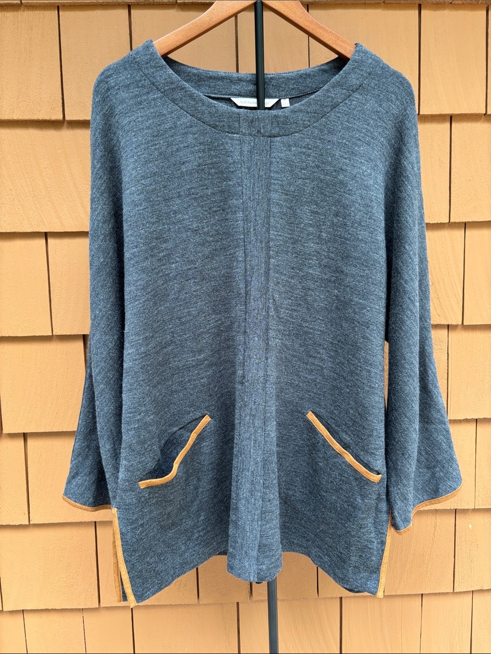 Soft Surroundings Charcoal Crewneck Sweater with Tan Trim
